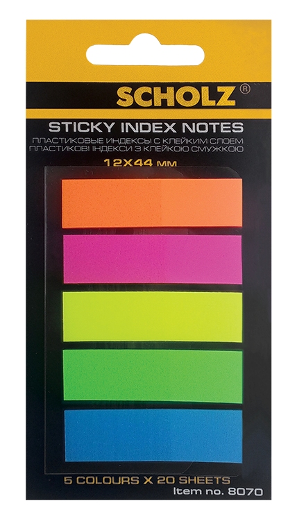 Закладки SCHOLZ (8070SCH), пластикові, 44х12 мм, (5 кольорів по 20 шт), неонові